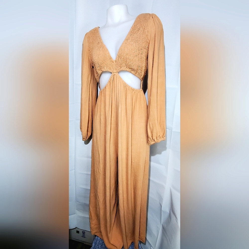 Mable Wide-Leg Cut-Out Long Sleeve Jumpsuit, Terracotta (Orange/Tan) - Medium